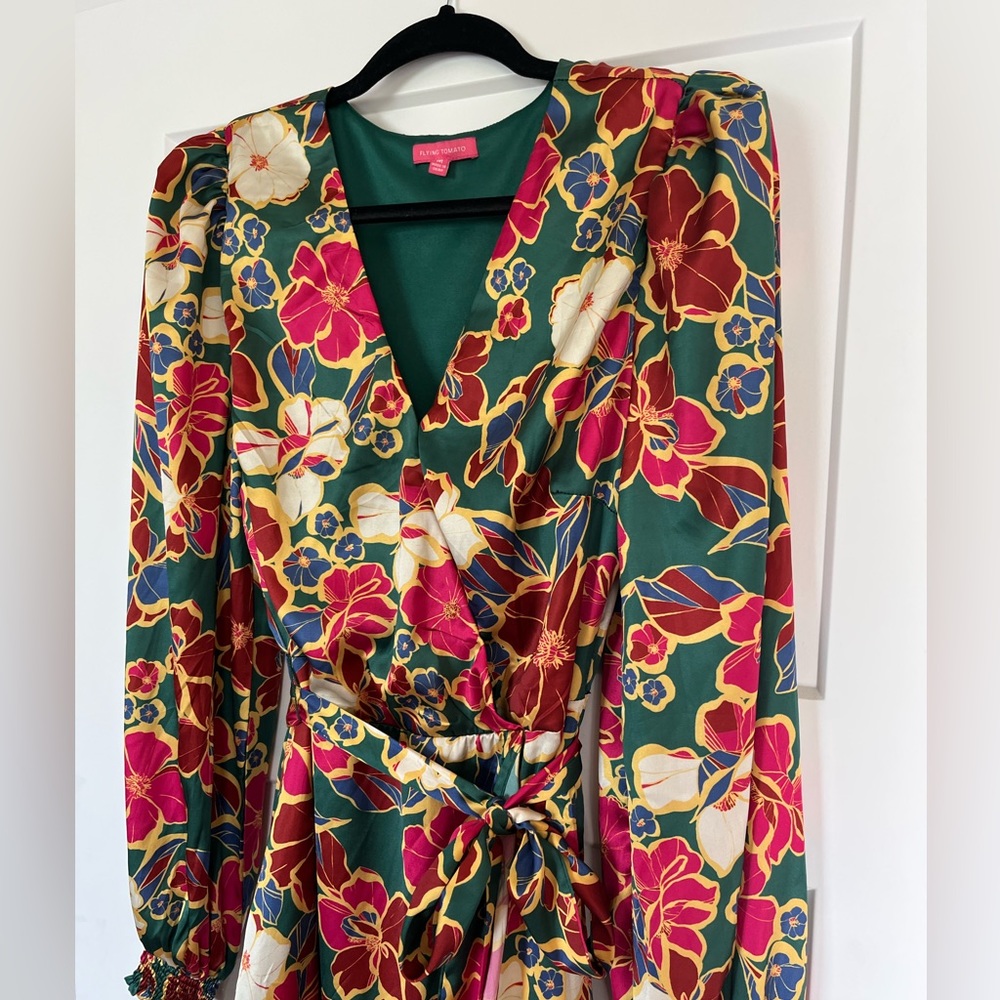 Flying Tomatoes Floral Satin Wrap Dress